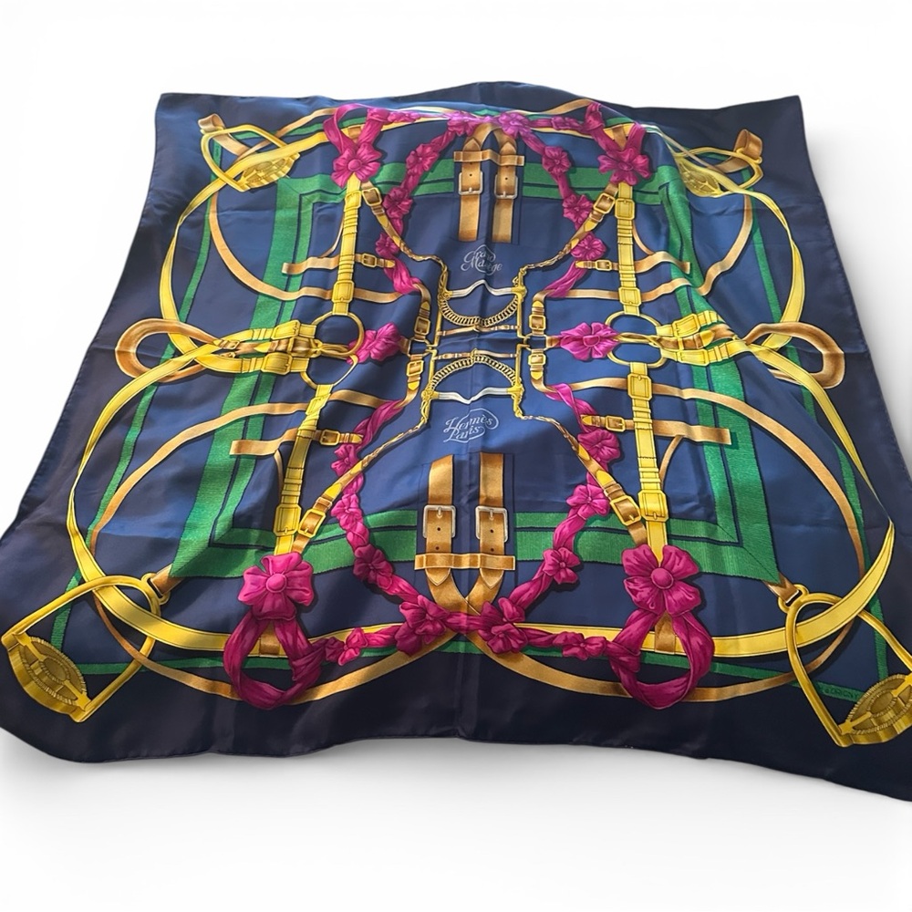 Hermes Blue, pink, green and Gold Silk Scarf